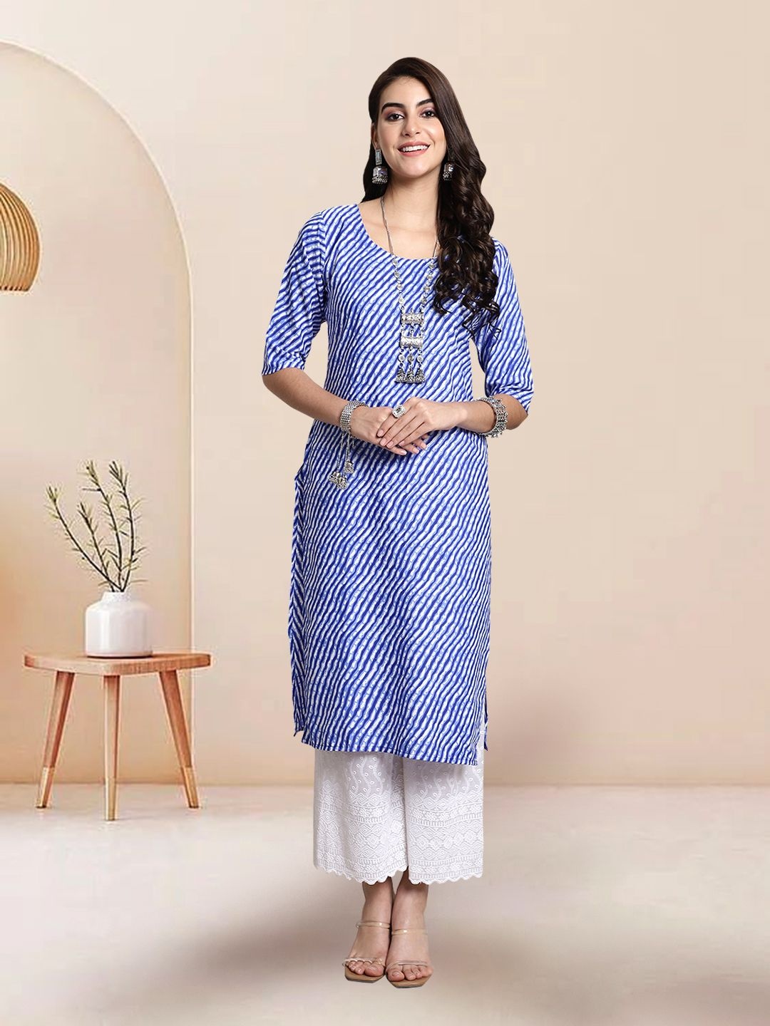 

7Threads Selection Of 5 Leheriya Printed Round Neck Straight Kurtas, Blue
