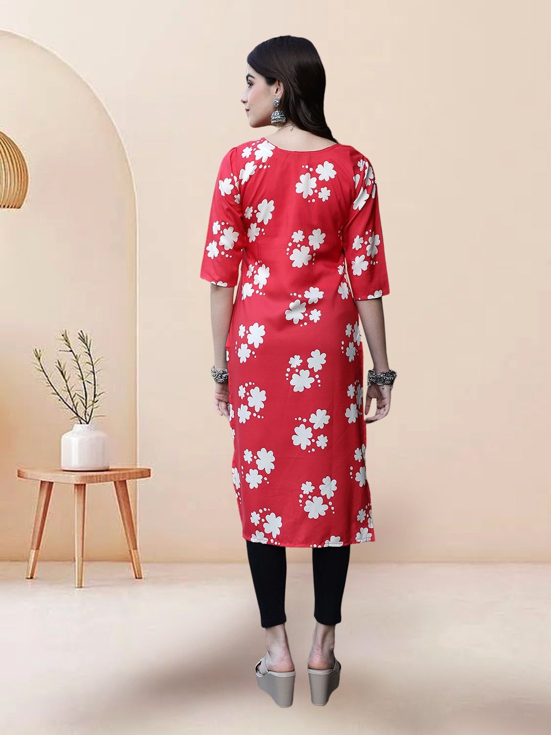 

7Threads Selection Of 3 Floral Printed Round Neck Straight Kurtas, Red