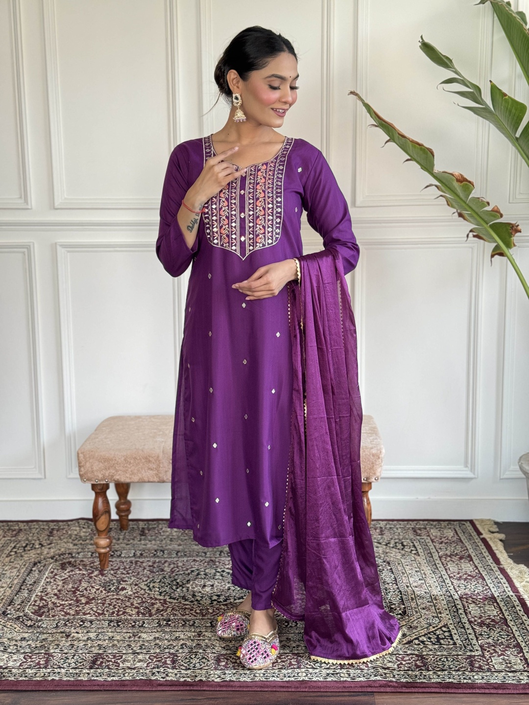 

Siya Fashion Floral Embroidered Thread Work Straight Kurta With Trouser & Dupatta, Purple