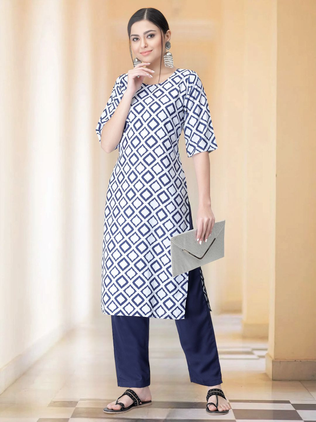 

7Threads Geometric Printed Round Neck Straight Kurta With Trousers, White