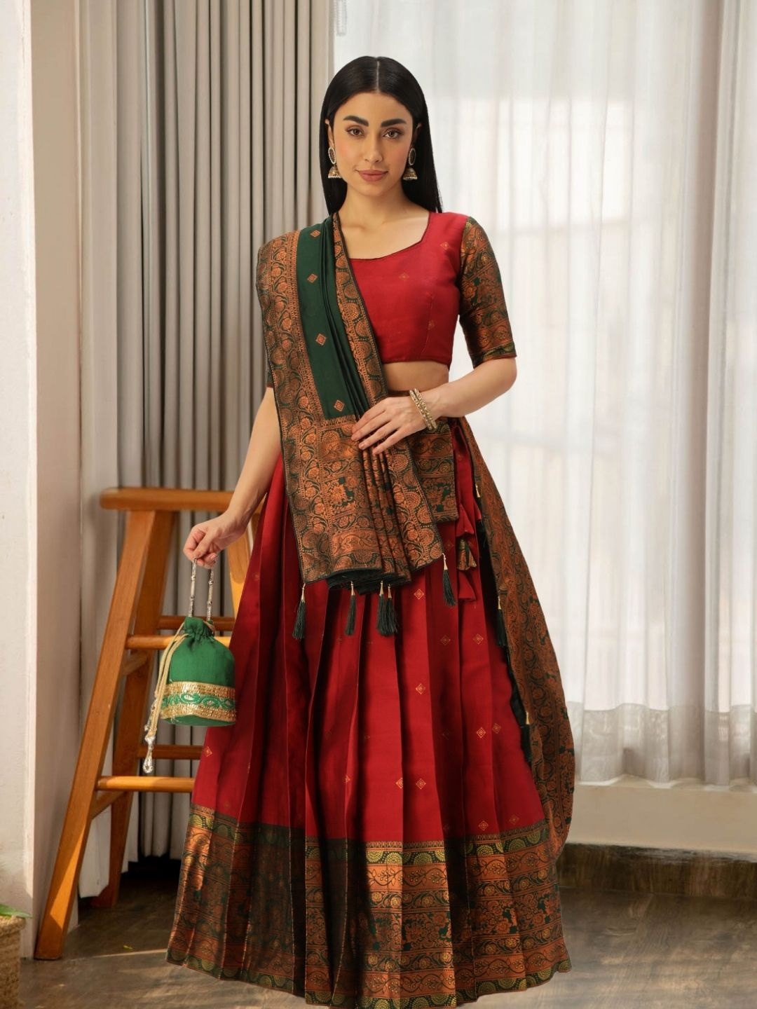 

MAGMINA Woven Design Zari Semi-Stitched Lehenga & Unstitched Blouse With Dupatta & Belt, Red