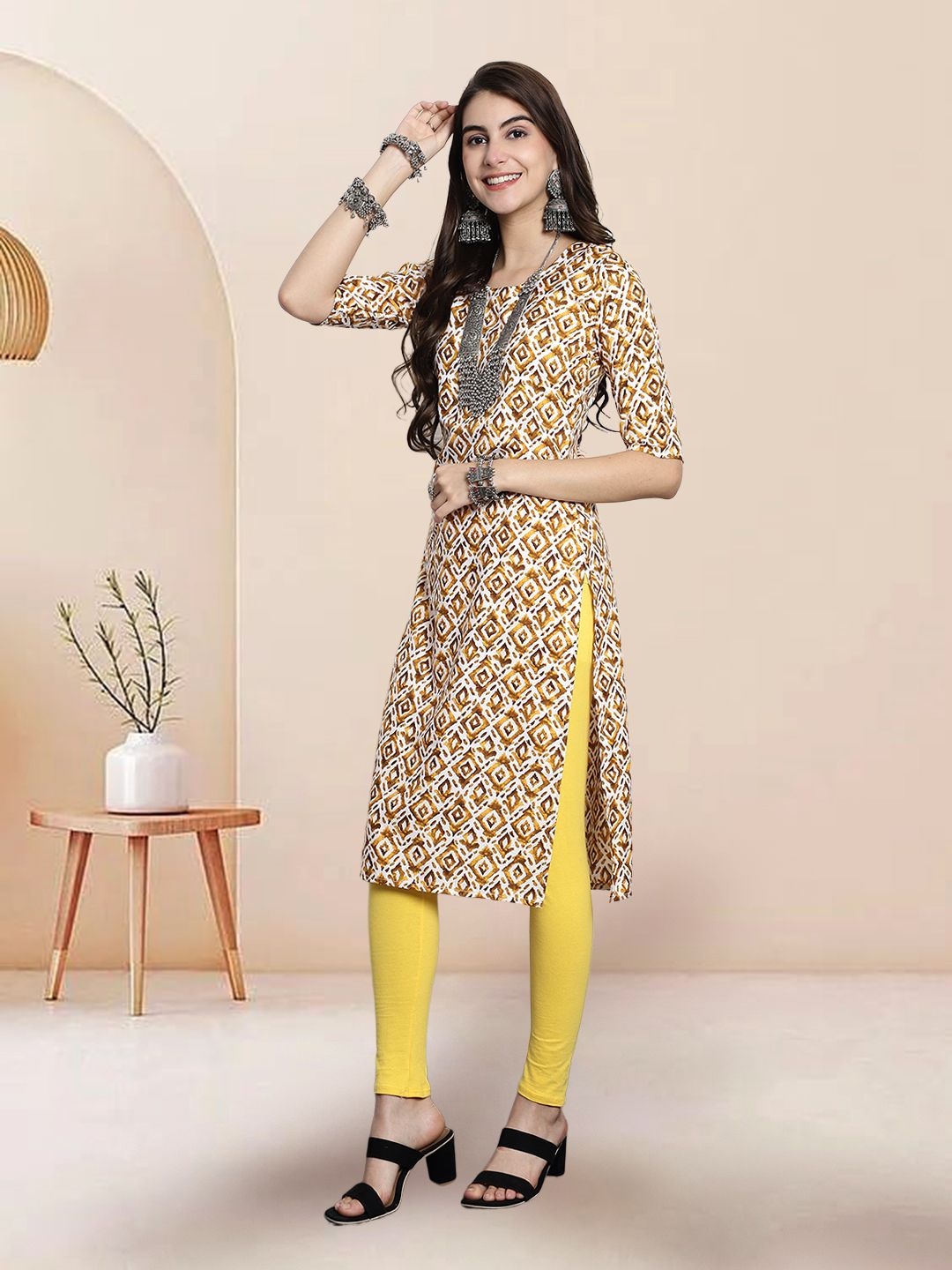 

7Threads Selection Of 3 Ethnic Printed Straight Kurtas, Cream