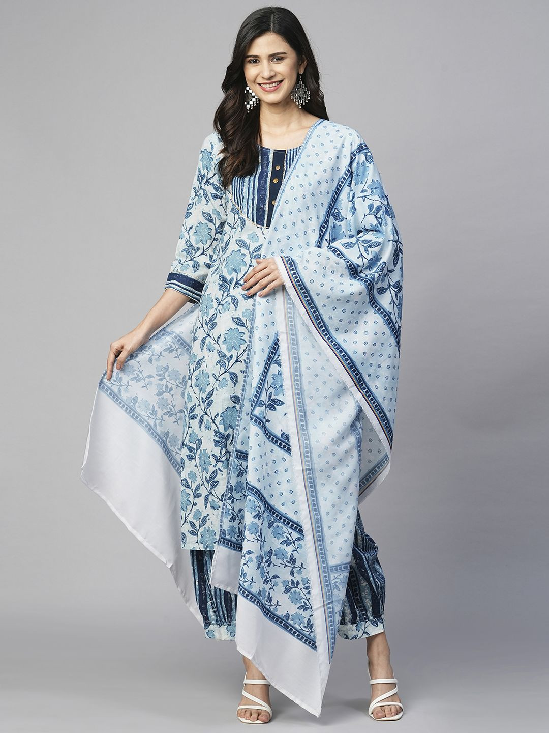 

Moda Rapido Floral Printed Round Neck Straight Pure Cotton Kurta With Salwar & Dupatta, Blue