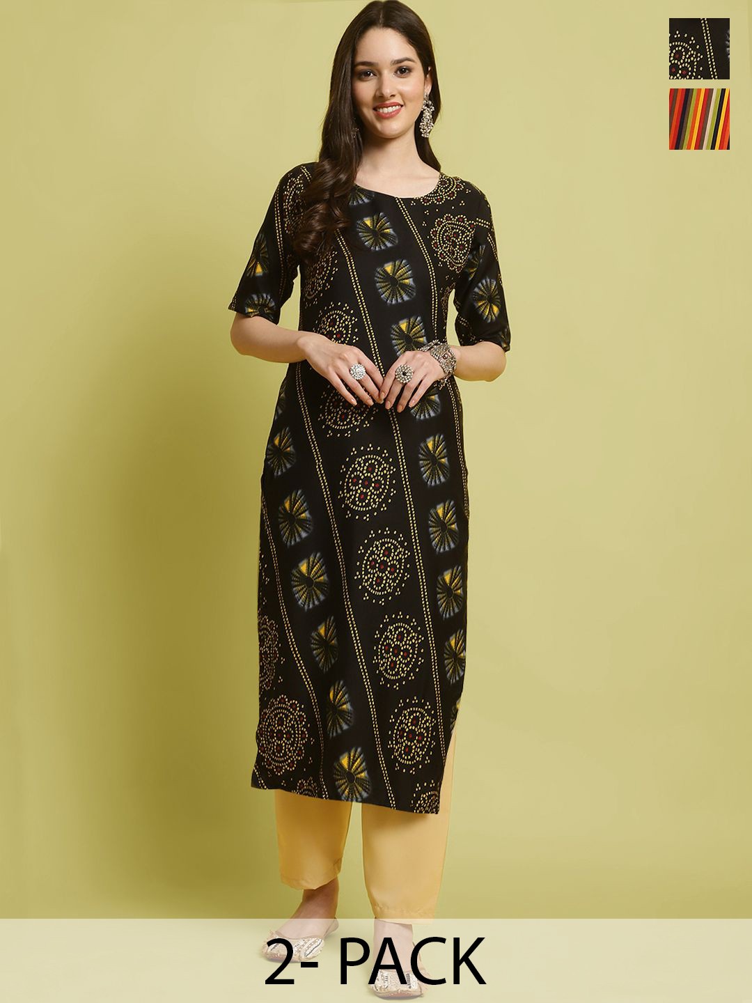 

7Threads Selection Of 2 Ethnic Motifs Printed Round Neck Straight Kurta With Trousers, Black