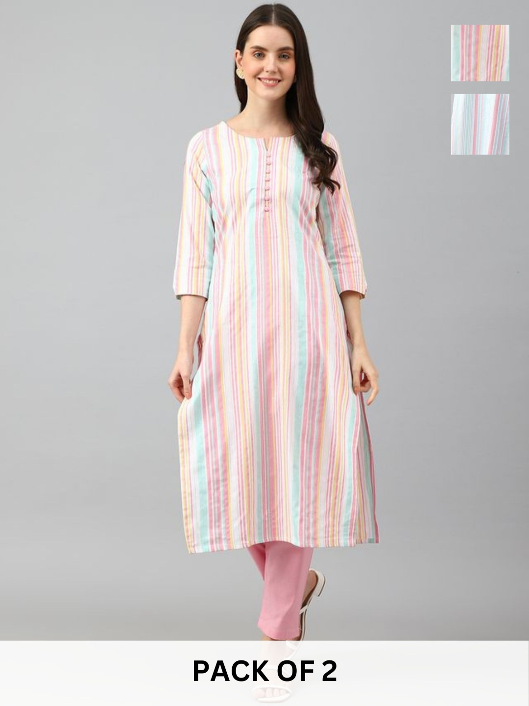 

KALINI Selection Of 2 Striped Notch Neck Straight Kurtas With Trousers, Peach