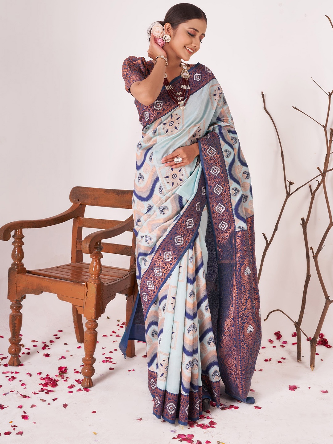 

Fashion Ritmo Woven Design Pure Silk Saree, Turquoise blue