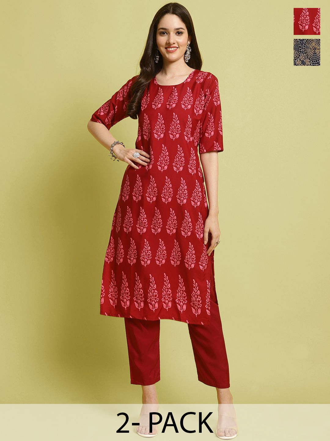 

7Threads Selection Of 2 Floral Printed Straight Kurtas With Trousers, Red