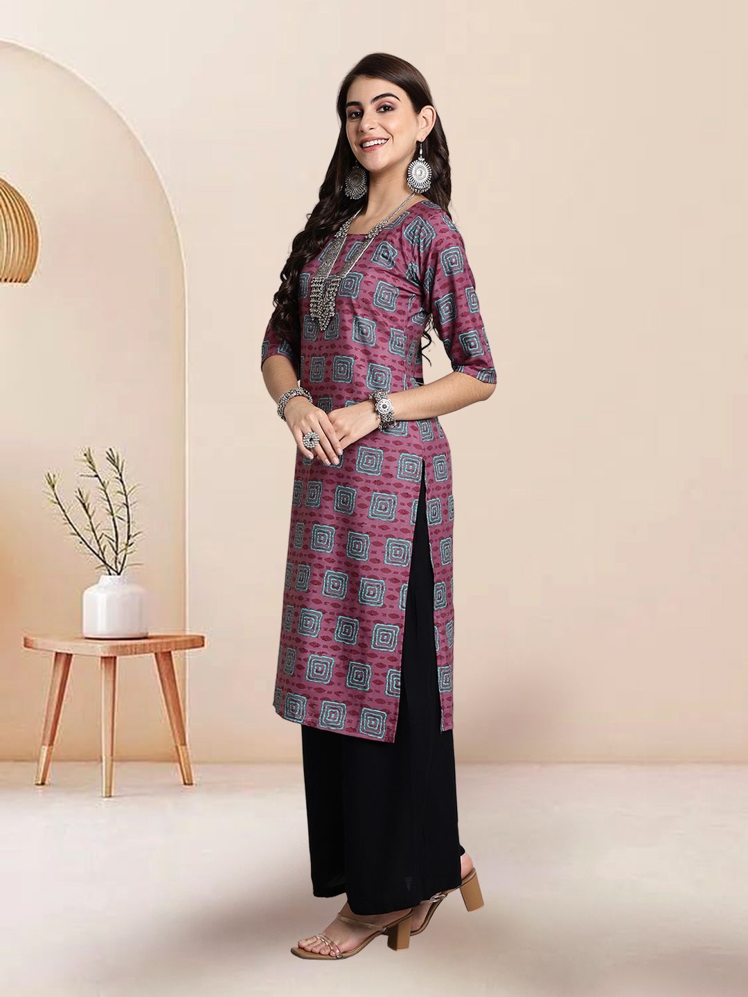 

7Threads Selection Of 4 Ethnic Motifs Printed Round Neck Straight Kurtas, Purple