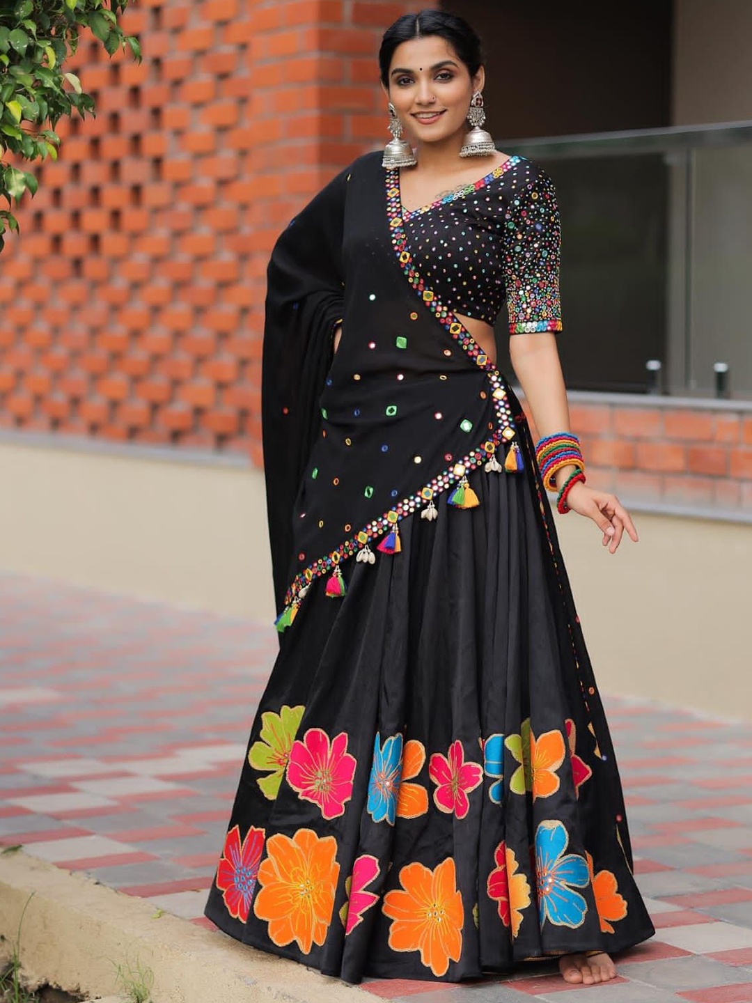 

KALINI Embroidered Semi-Stitched Lehenga & Unstitched Blouse With Dupatta, Black