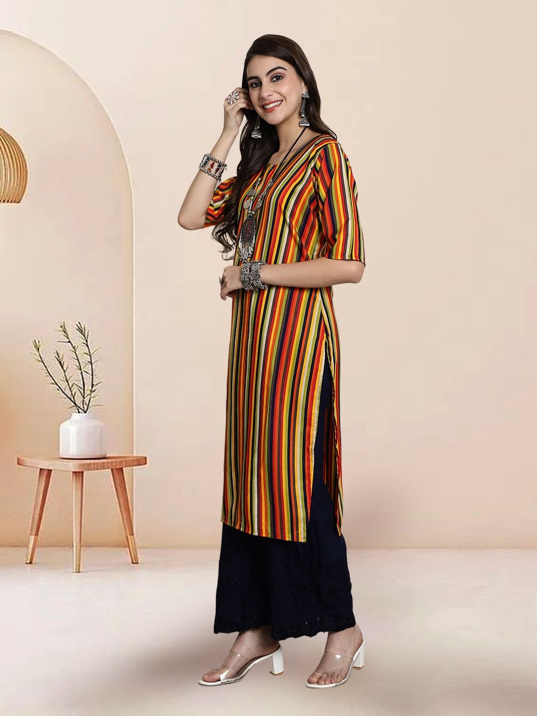 

7Threads Selection of 3 Women Striped Round-Neck Straight Kurta, Orange