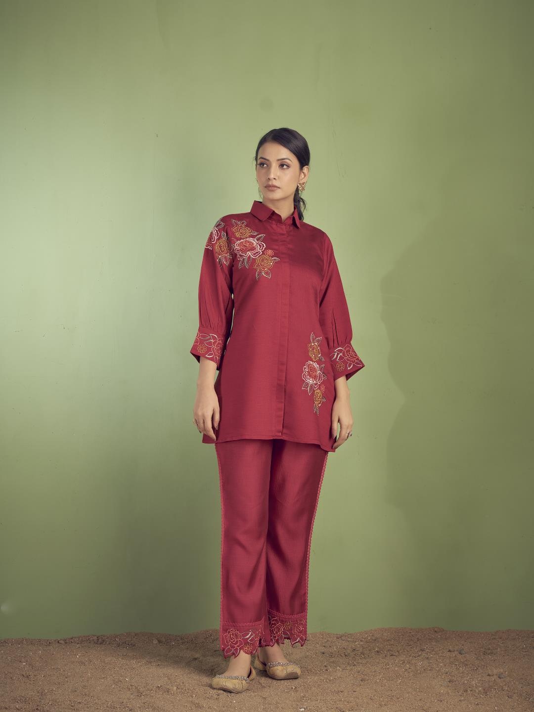 

Varanga Embroidered Shirt Collar Neck Shirt & Flared Trouser Co-Ords, Rust