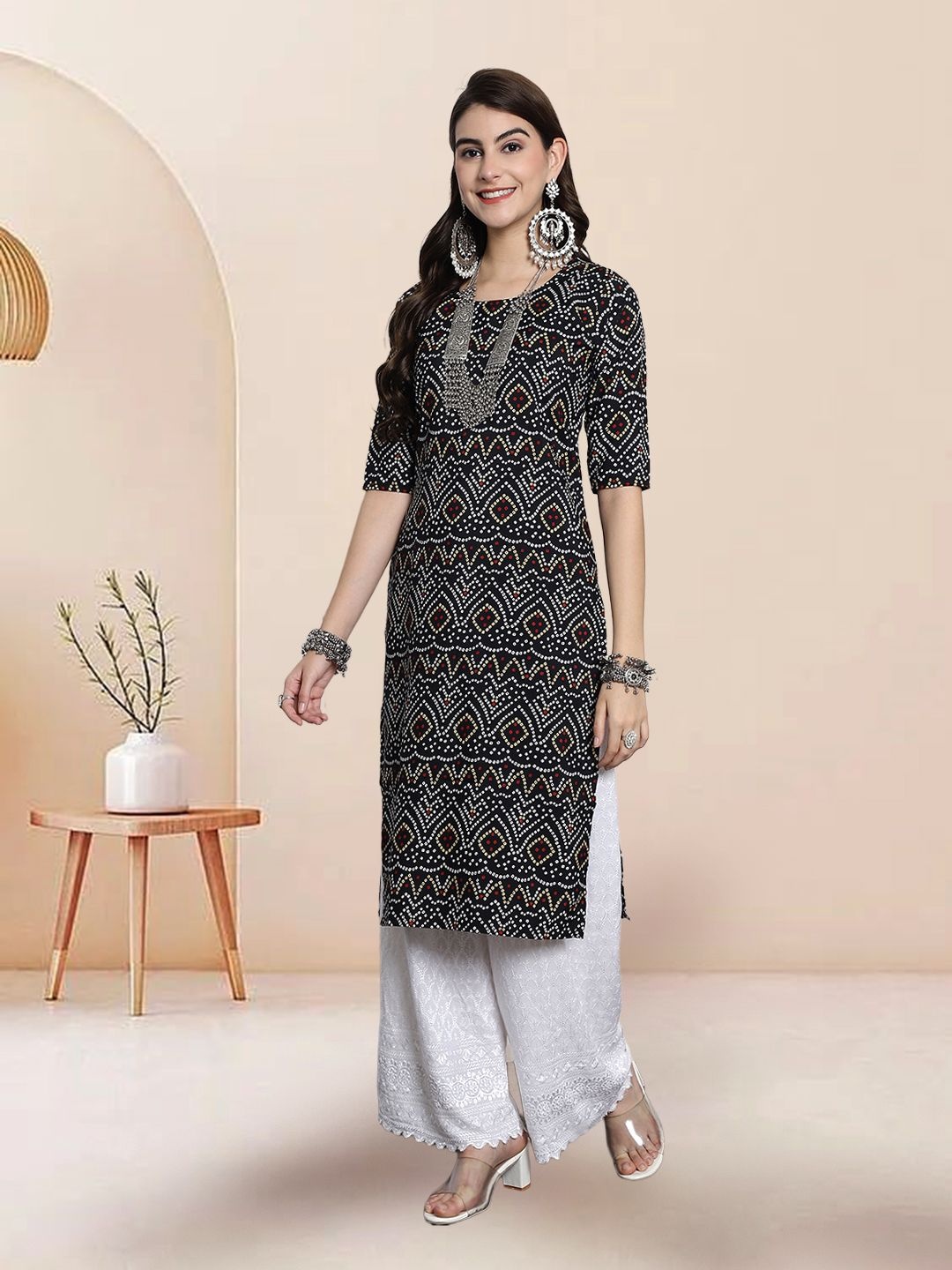 

7Threads Selection Of 3 Bandhani Printed Straight Kurtas, Black