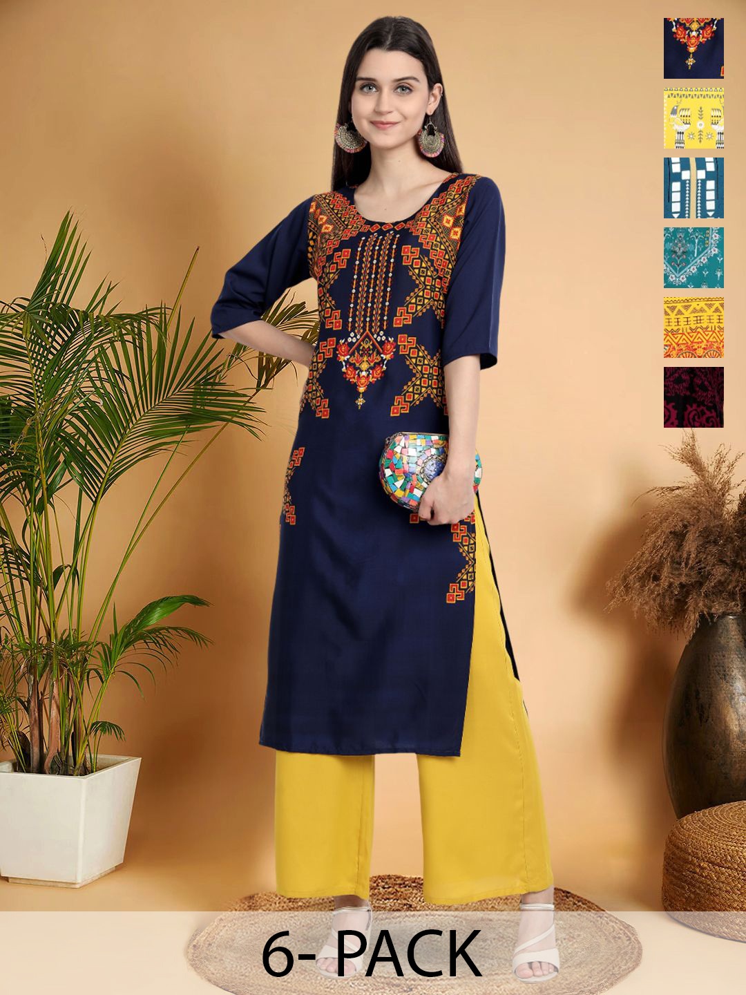 

7Threads Selection Of 6 Ethnic motifs Printed Round Neck Kurtas, Navy blue