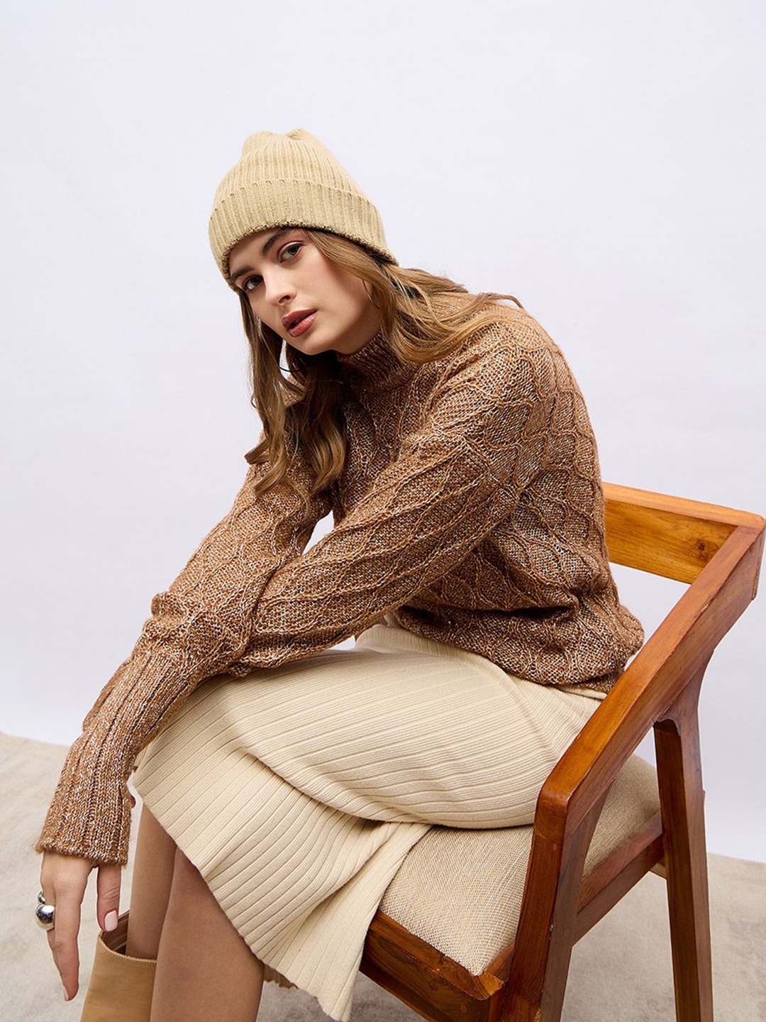 

Styli Women High Neck Regular Fit Texture Sweater, Brown
