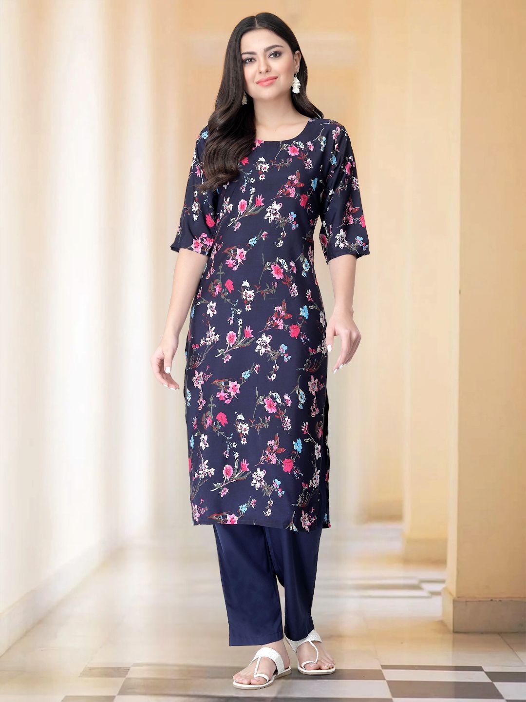 

7Threads Floral Printed Round Neck Straight Kurta with Trousers, Navy blue