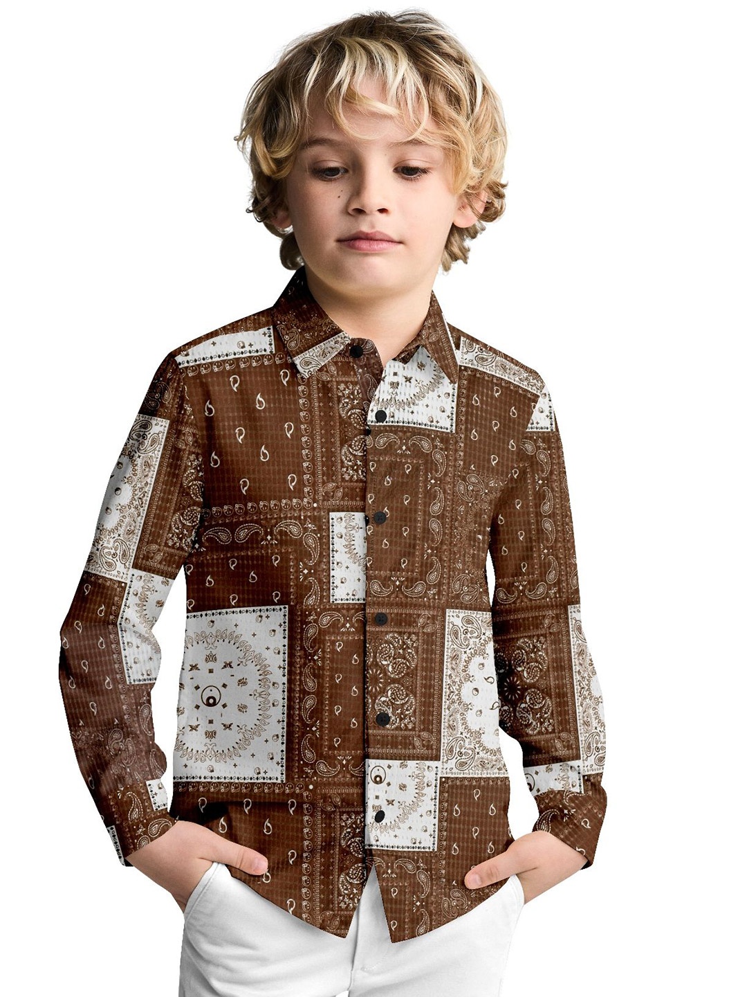 

cut & make Boys Classic Spread Collar Ethnic Motifs Printed Casual Shirt, Brown