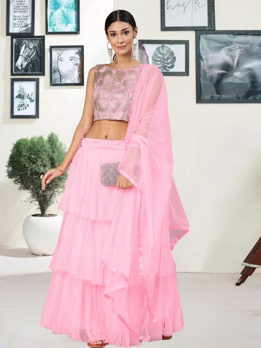

MAGMINA Woven Design Net Semi-Stitched Lehenga & Unstitched Blouse With Dupatta, Pink