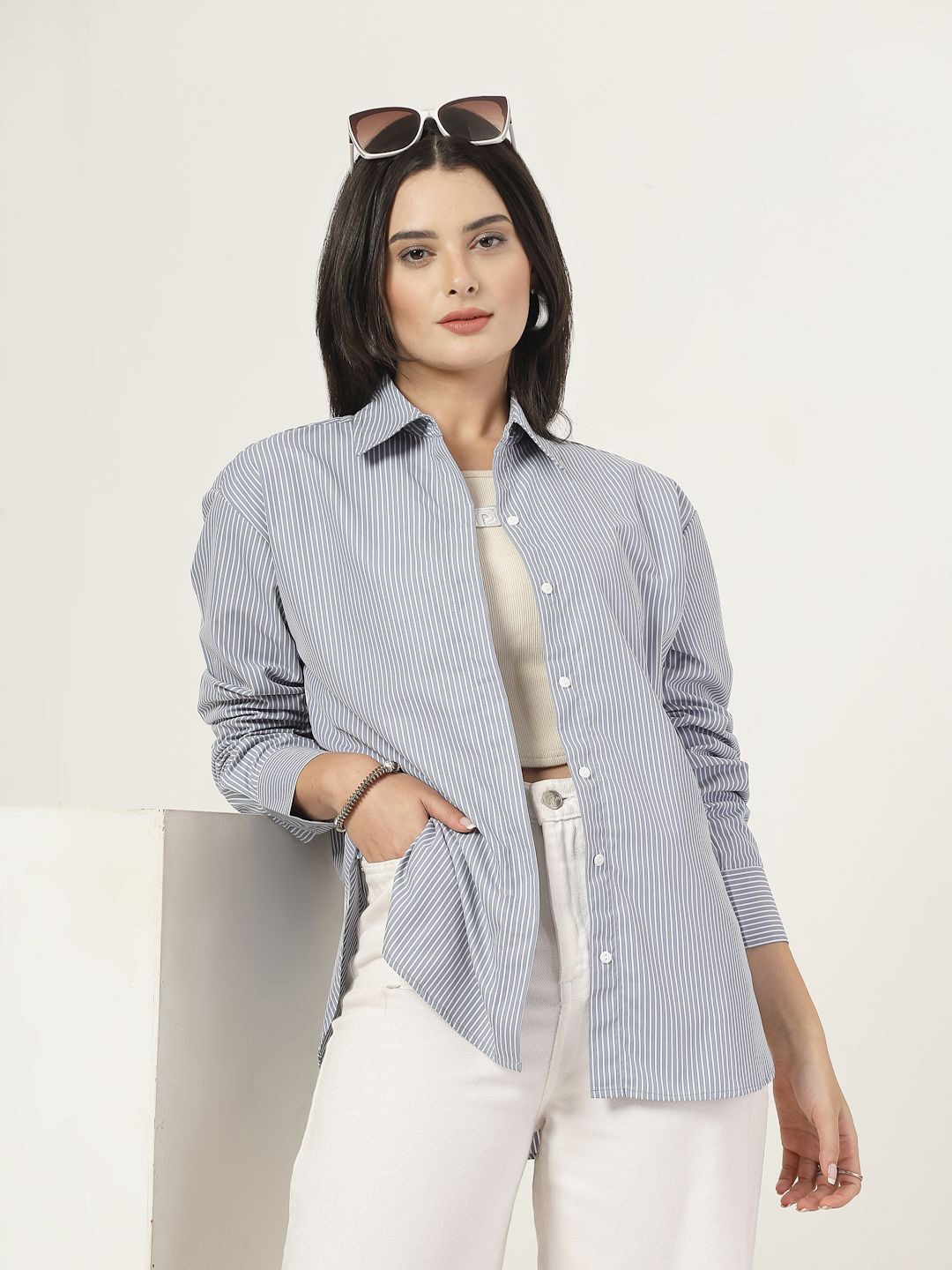 

Style Quotient Pinstripes Spread Collar Oversized Shirt, Grey