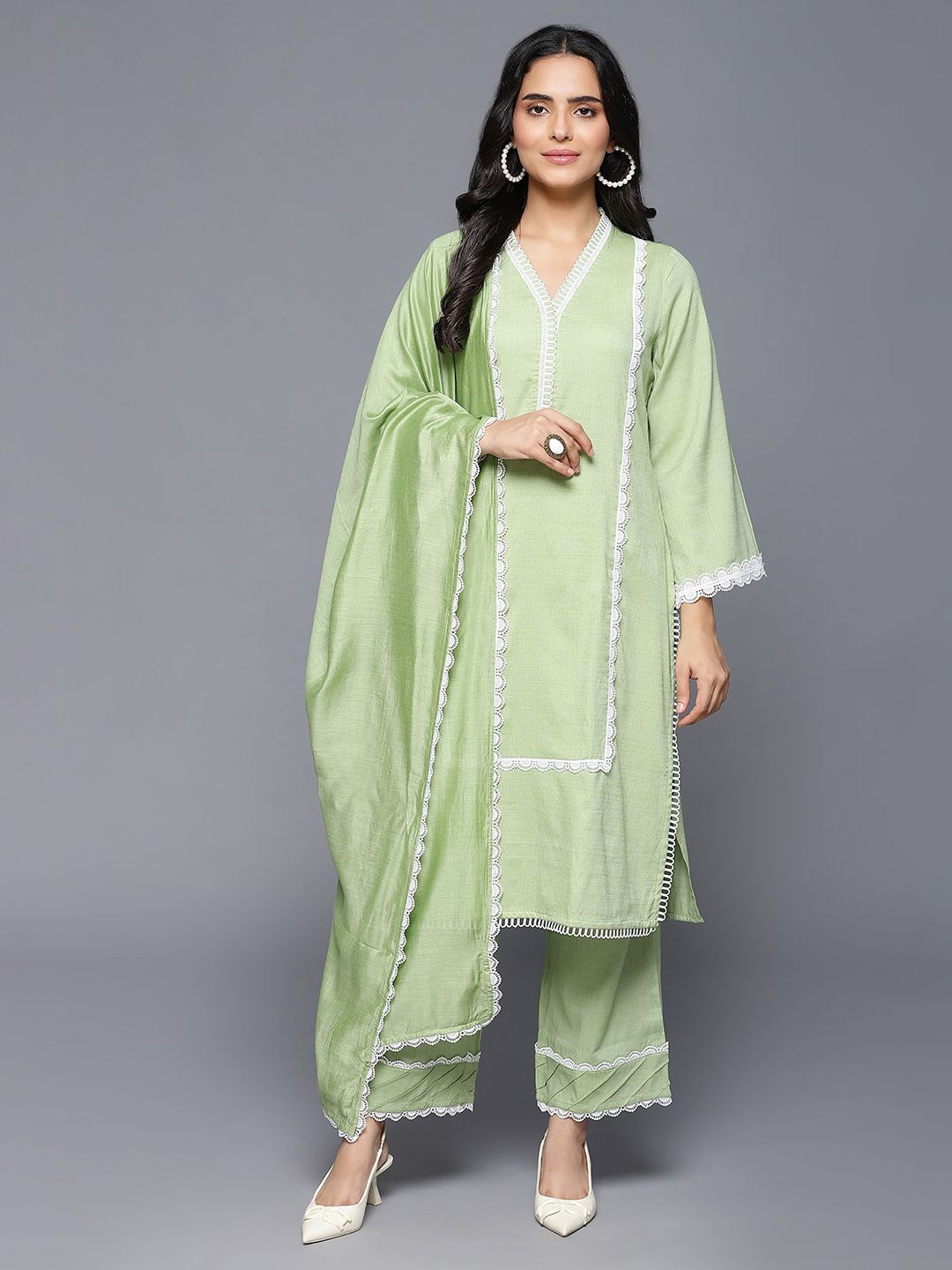 

VEGAL V-Neck Flared Sleeves Panelled Gotta Patti Kurta With Trouser & Dupatta, Sea green