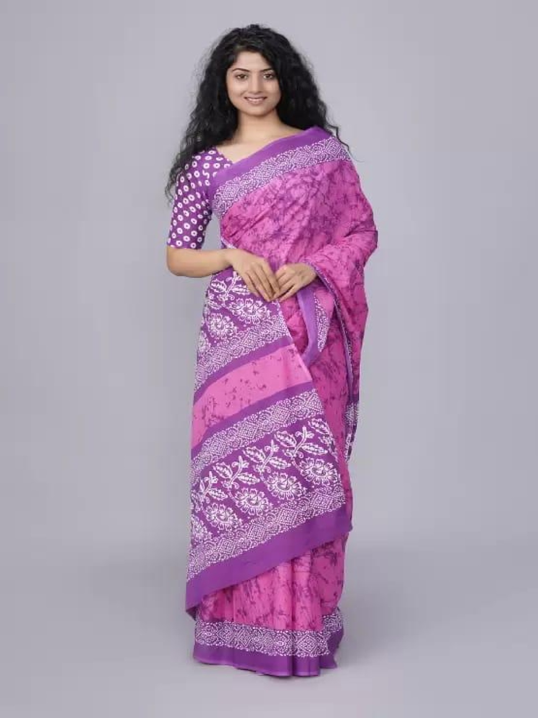 

TROPWEAR Tie and Dye Pure Cotton Block Print Saree, Pink