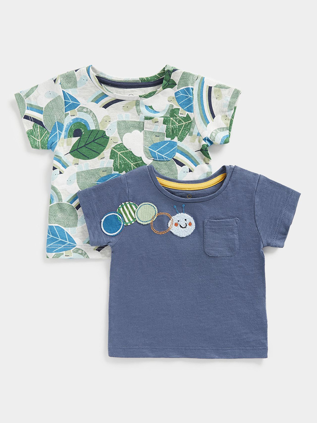 

mothercare Boys Pack Of 2 Floral Printed Round Neck Cotton T-shirts, Blue