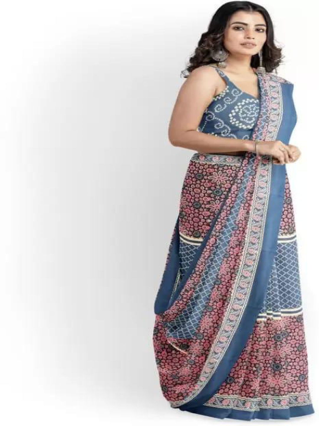 

KIAARON Ethnic Motifs Linen Blend Block Print Saree, Blue