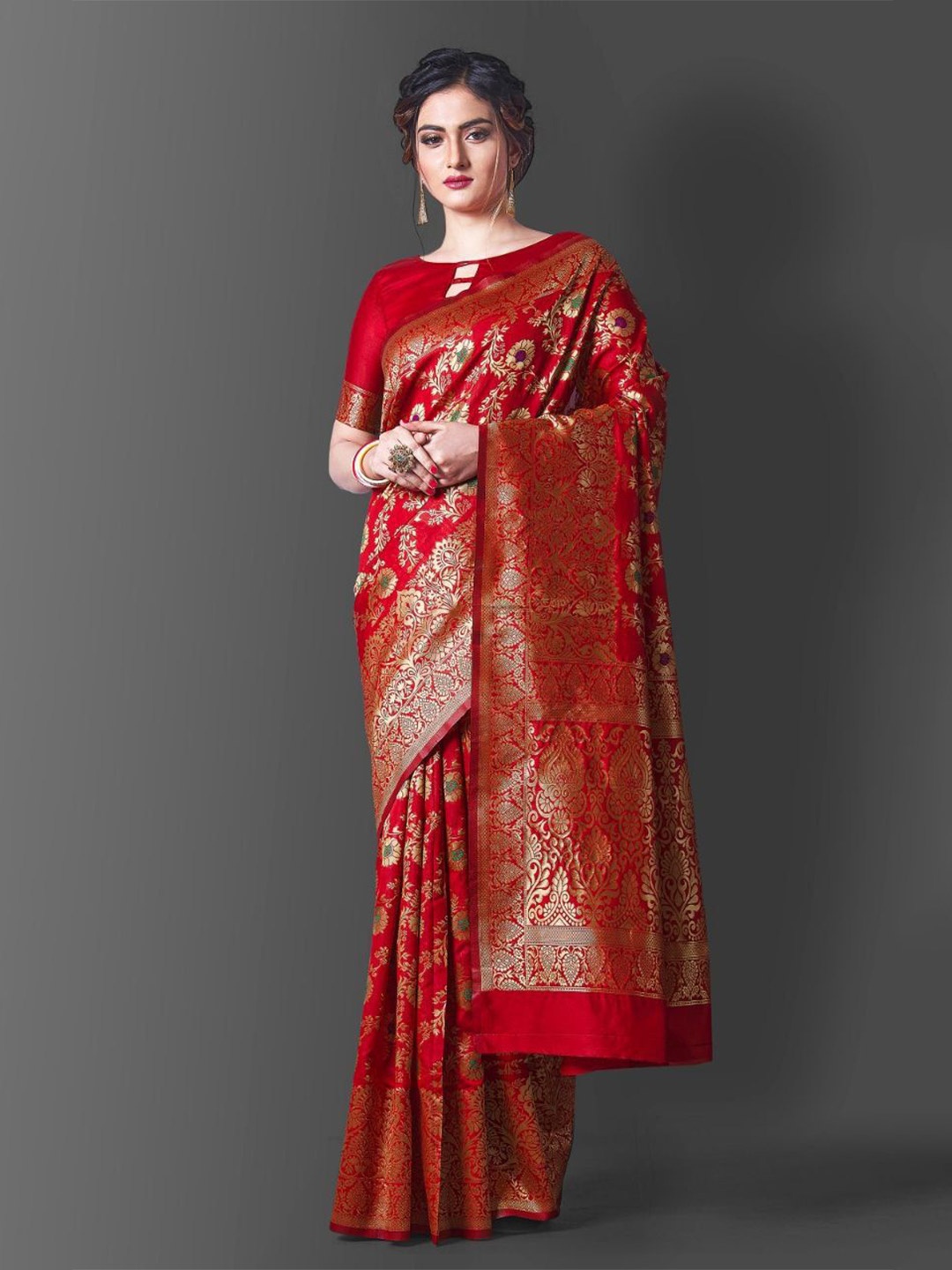 

Fashion Ritmo Woven Design Zari Pure Silk Saree, Red