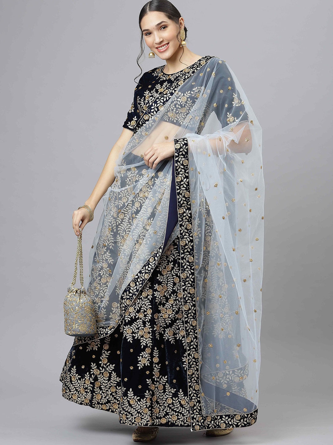 

DIVINE EXIM Embroidered Beads & Stones Velvet Semi-Stitched Lehenga & Blouse With Dupatta, Navy blue