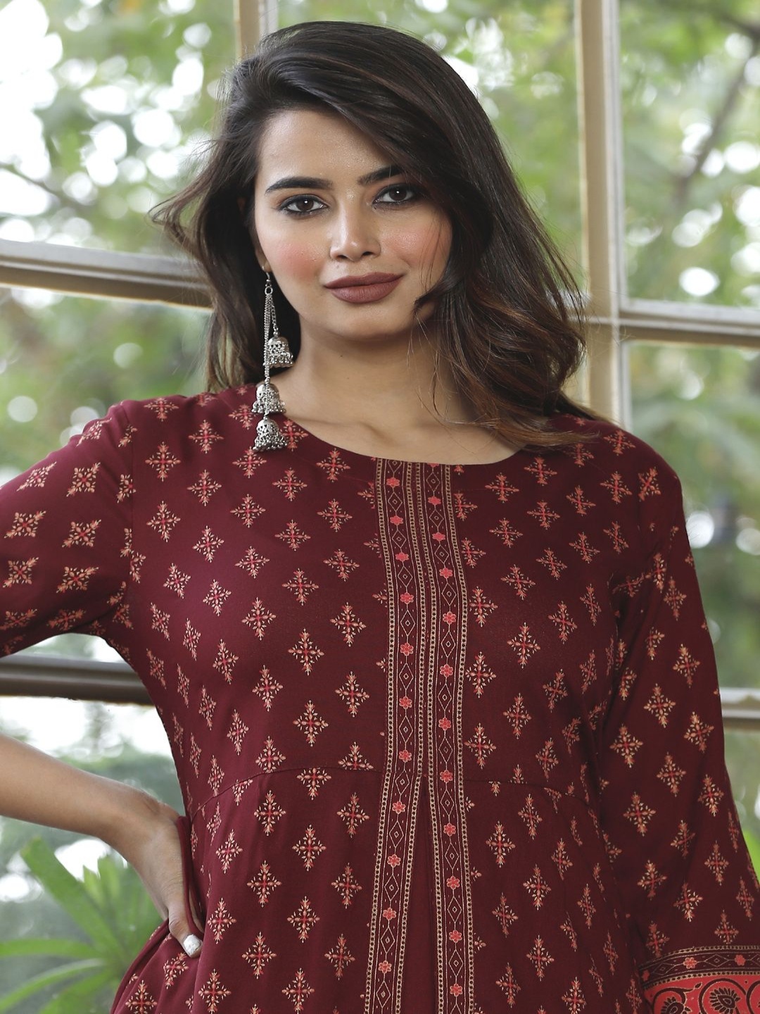 

ANNAYEMA APPARELS Floral Printed Round Neck A-Line Ethnic Dress, Maroon