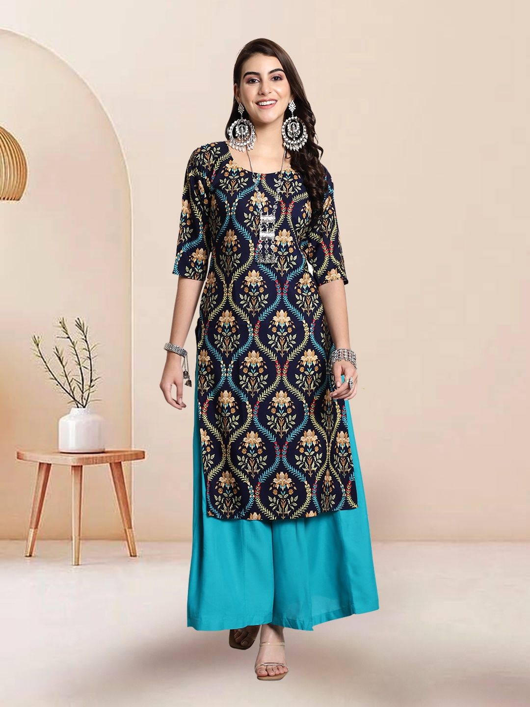 

7Threads Selection Of 3 Ethnic Motifs Printed Round Neck Kurtas, Blue