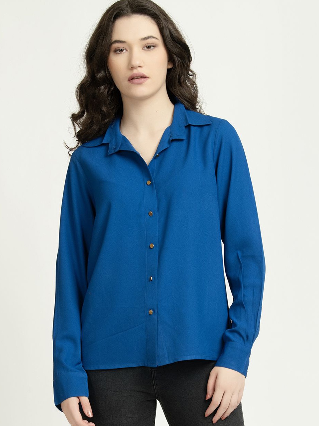 

June 9 Clothing Women Classic Boxy Fit Spread Collar Solid Casual Shirt, Blue