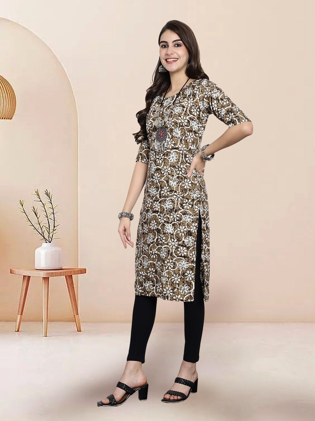 

7Threads Selection of 3 Floral Printed Round Neck Straight Kurtas, Brown