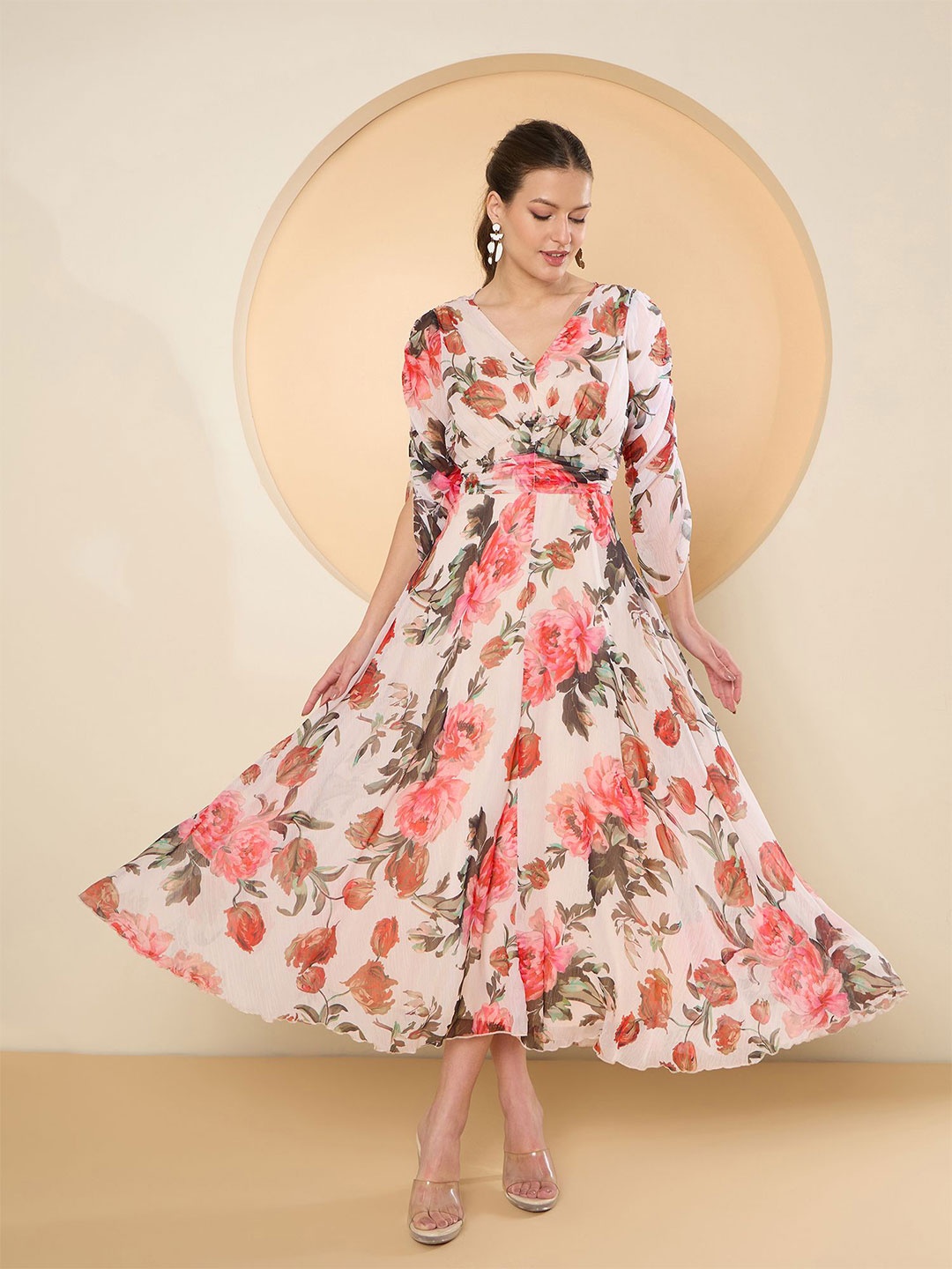 

Antheaa Floral Print Chiffon Fit & Flare Midi Dress, Off white