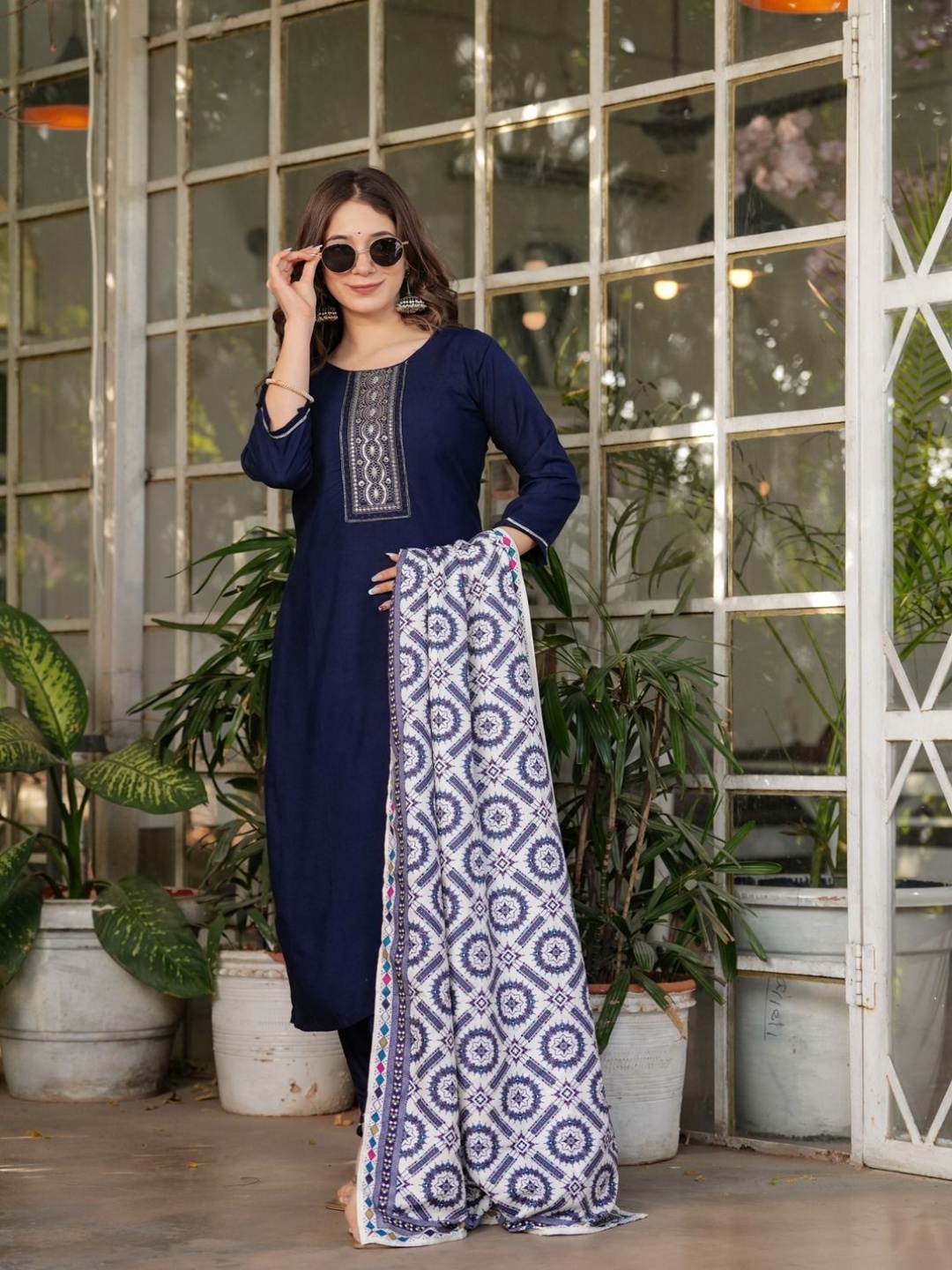 

KALINI Floral Yoke Design Round Neck Sequinned Straight Kurta With Palazzos & Dupatta, Navy blue