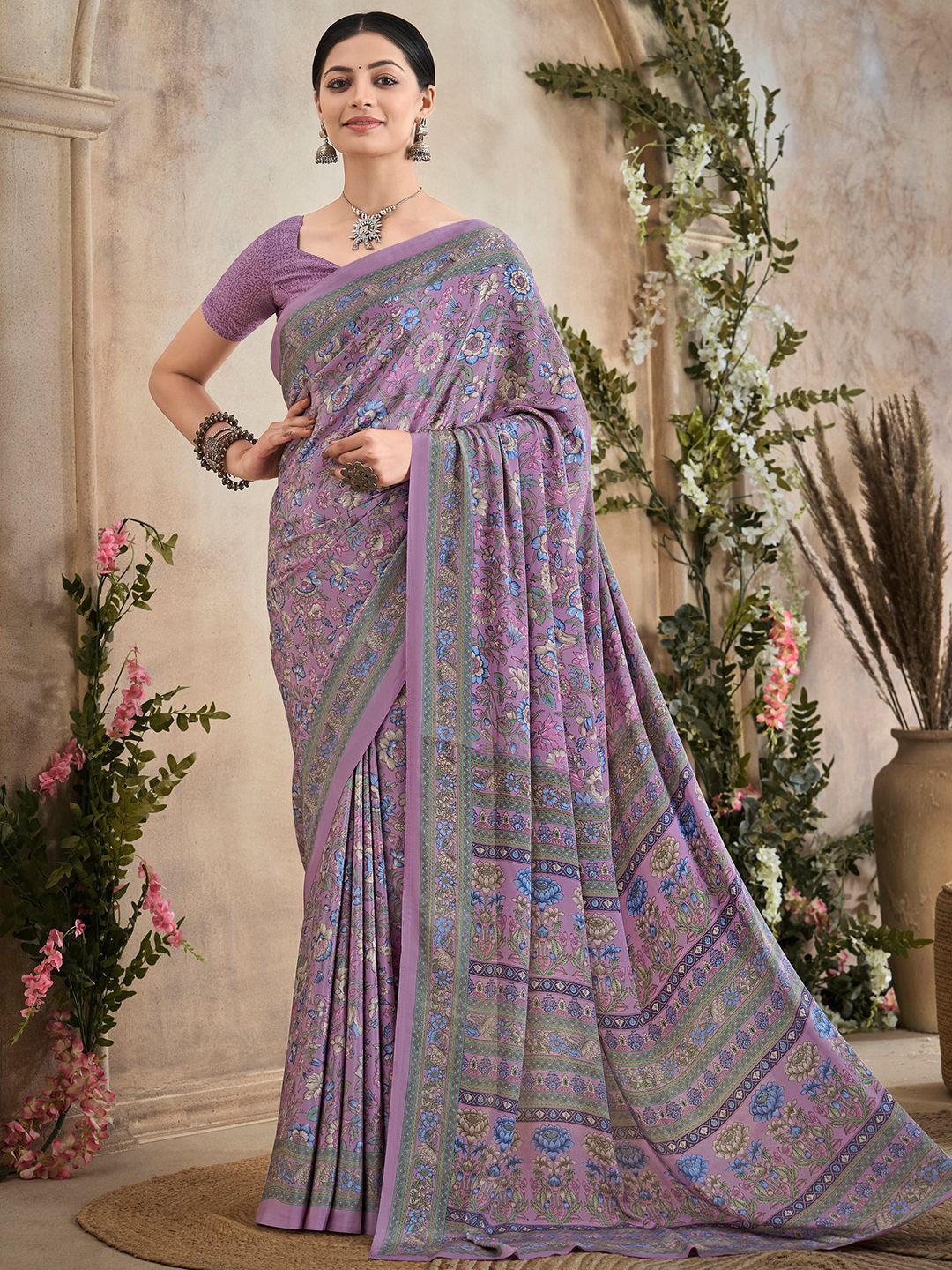 

Panzora Floral Poly Crepe Saree, Purple