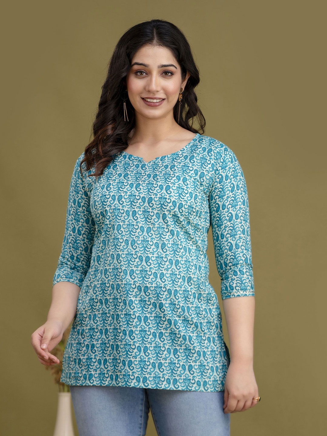 

FEMARY Floral Print Sweetheart Neck Cotton Top, Blue