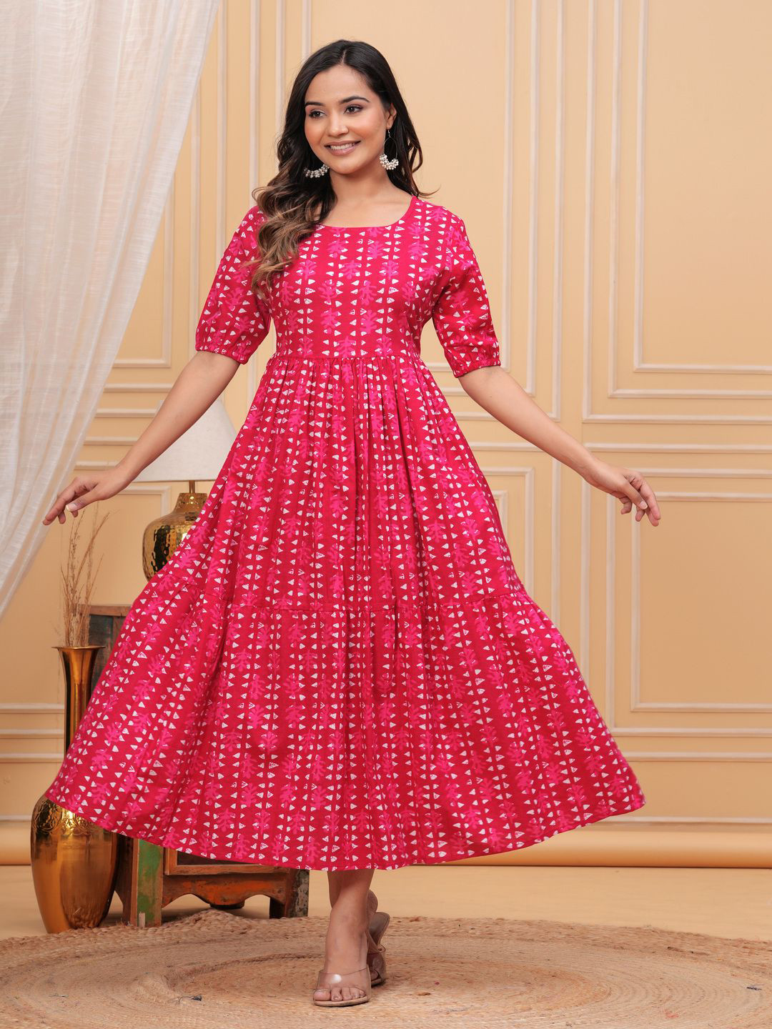 

Malia Printed Cotton Fit & Flare Anarkali Dress, Red