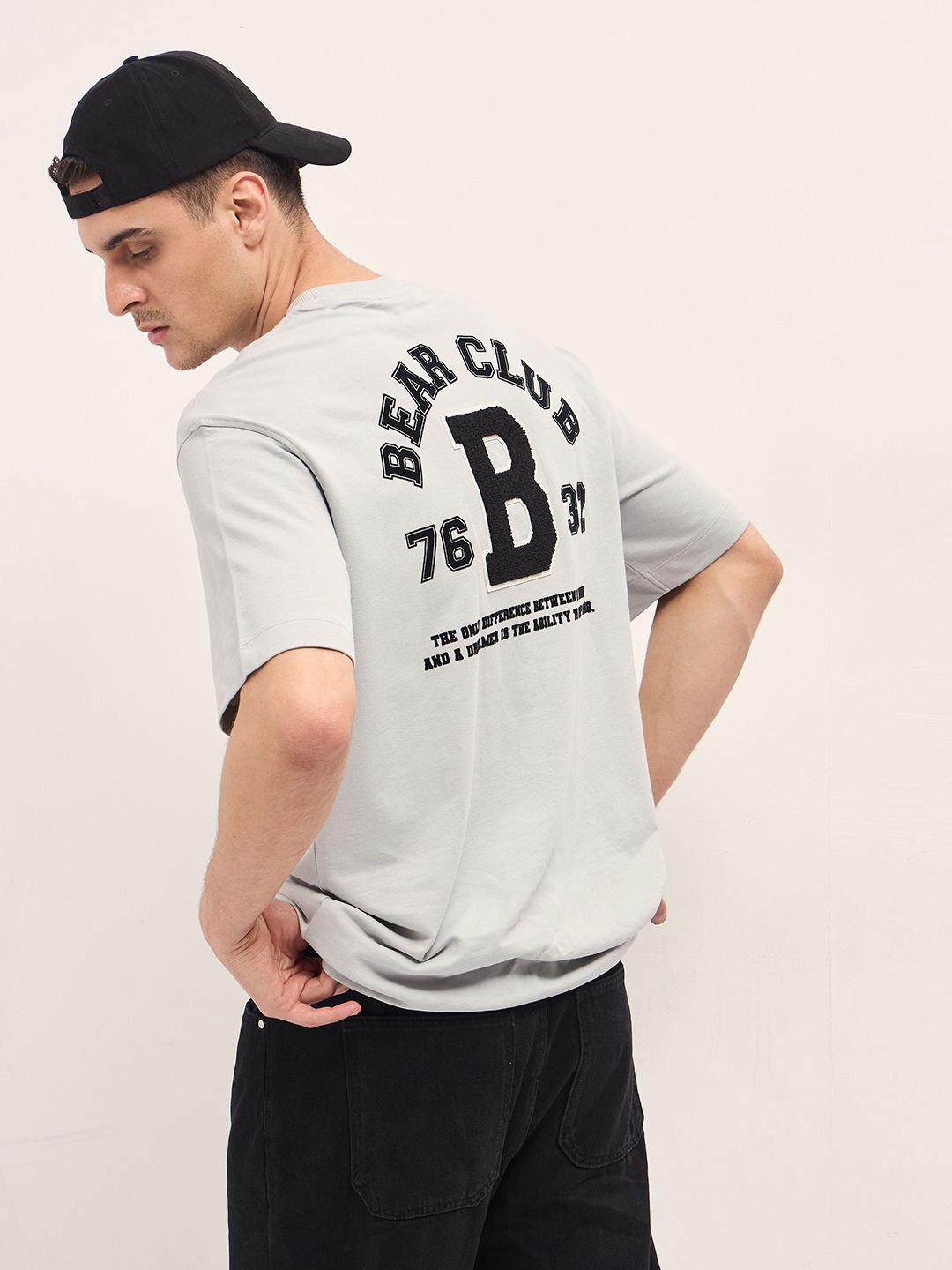 

THE BEAR HOUSE Men Typography Printed Round Neck Cotton Oversized T-shirt, Grey