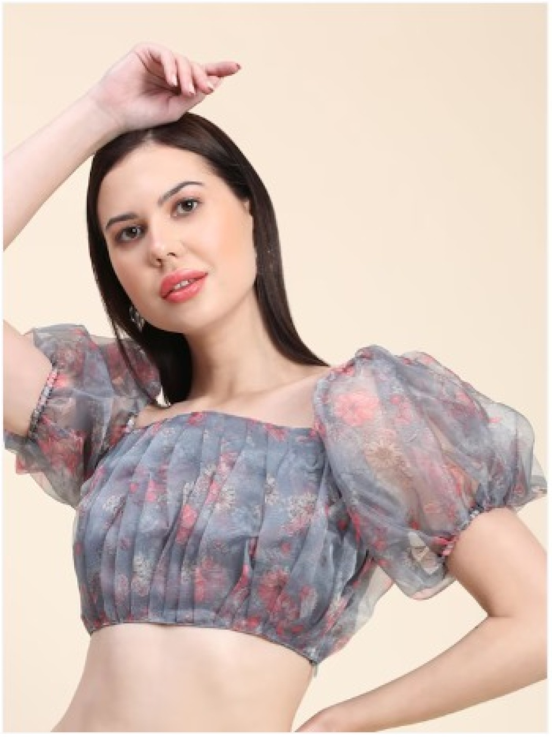 

Rujave Floral Printed Puffed Sleeves Crepe Blouson Crop Top, Grey