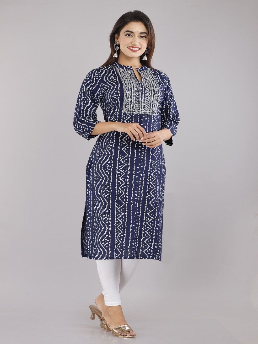 

ANNAYEMA APPARELS Mandarin Collar Bandhani Printed Straight Kurta, Blue