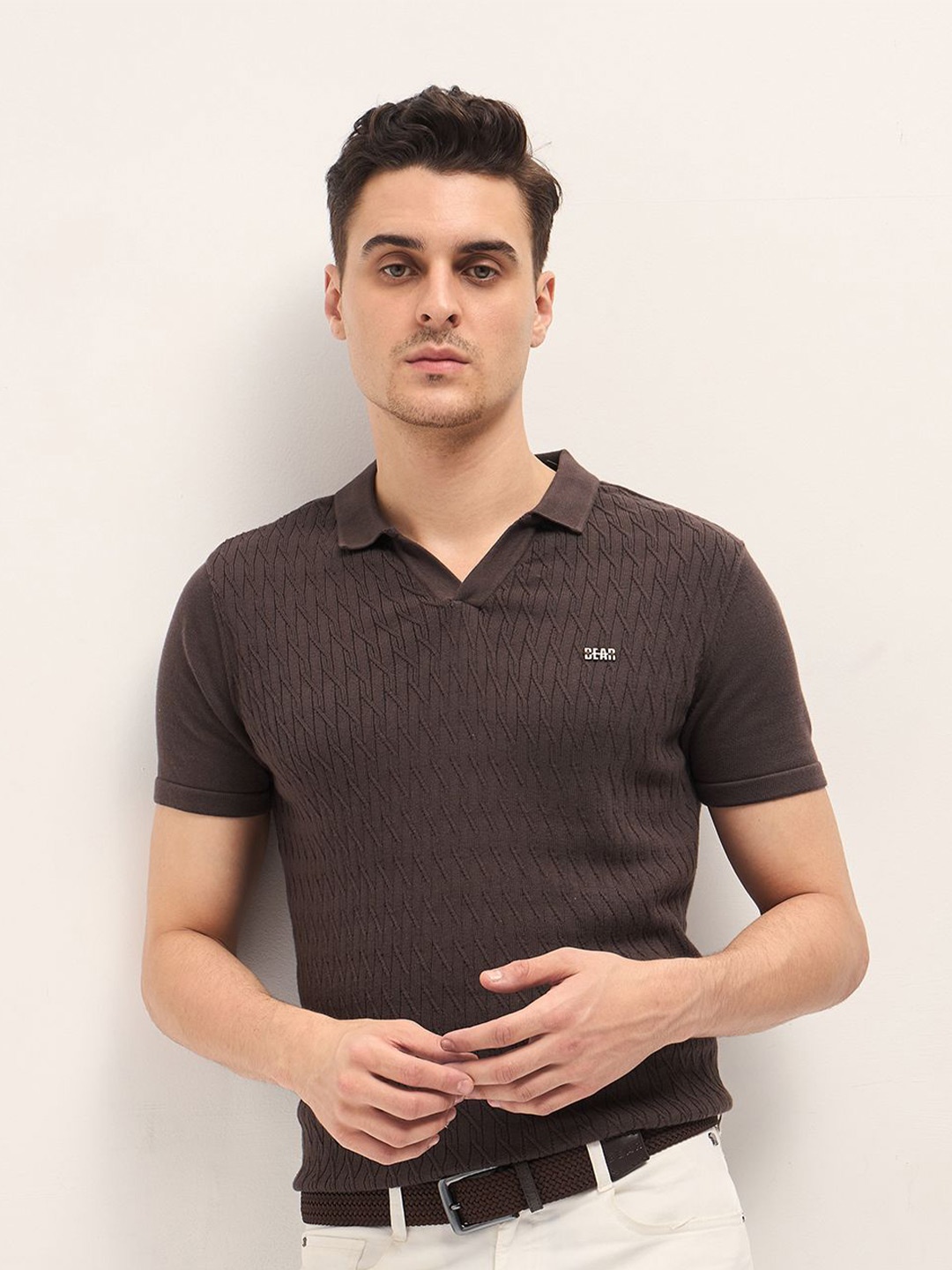 

THE BEAR HOUSE Men Self Design Polo Collar Cotton T-shirt, Brown