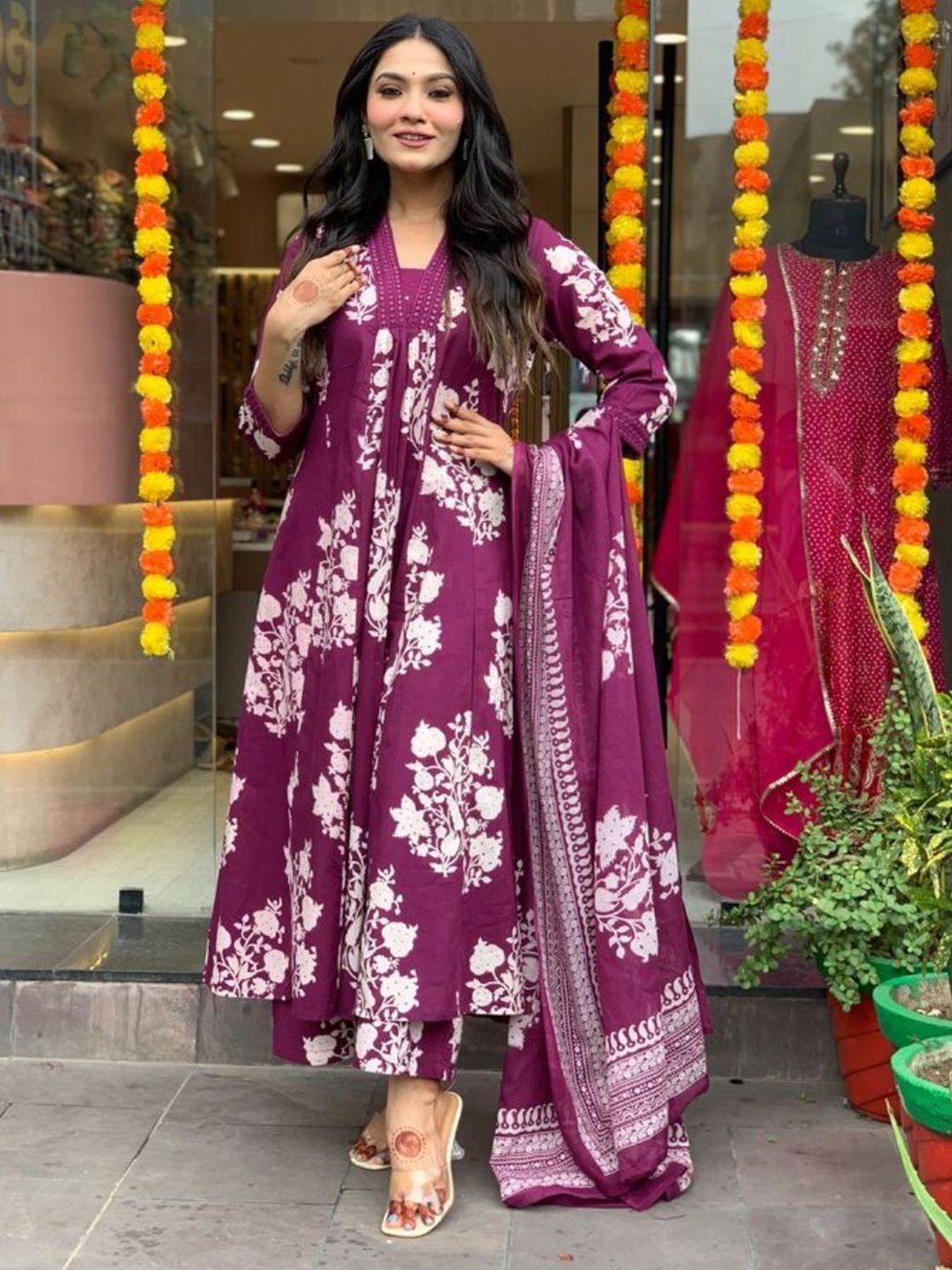 

KALINI Floral Printed Pleated V-Neck Mirror Work A-Line Kurta With Palazzos And Dupatta, Purple