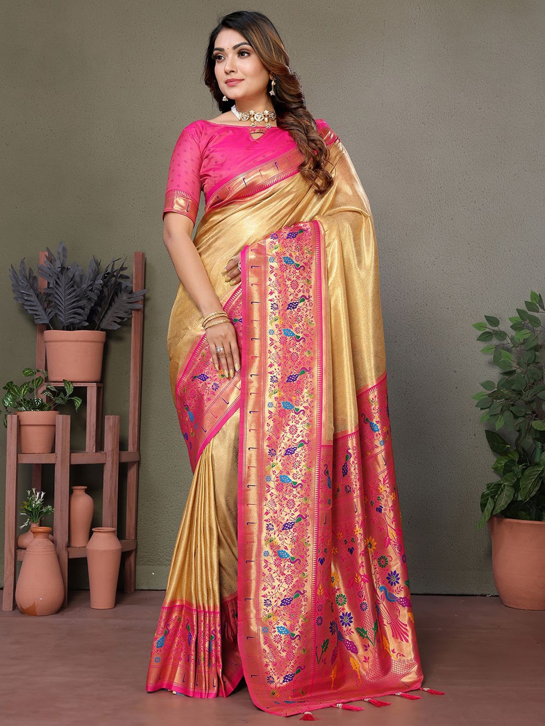 

Panzora Woven Design Zari Silk Blend Banarasi Saree, Beige