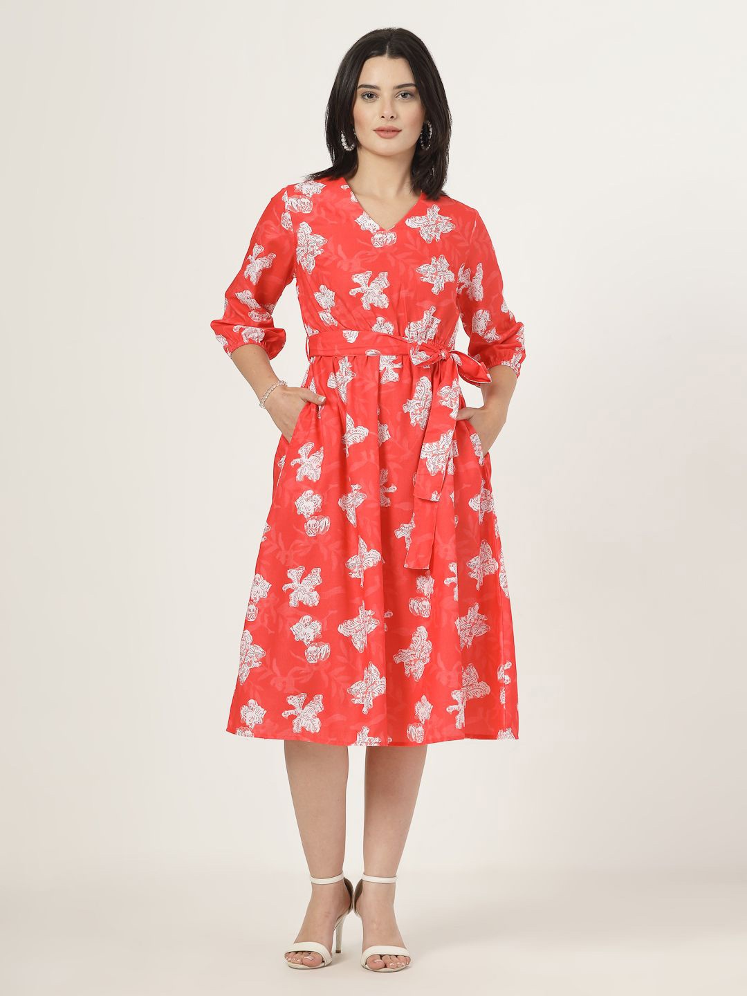 

Style Quotient Floral Print Puff Sleeve Fit & Flare Midi Dress, Red