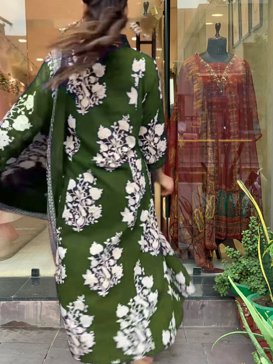 

BAESD Floral Printed V-Neck Pure Cotton Kurta With Palazzos & Dupatta Set, Olive