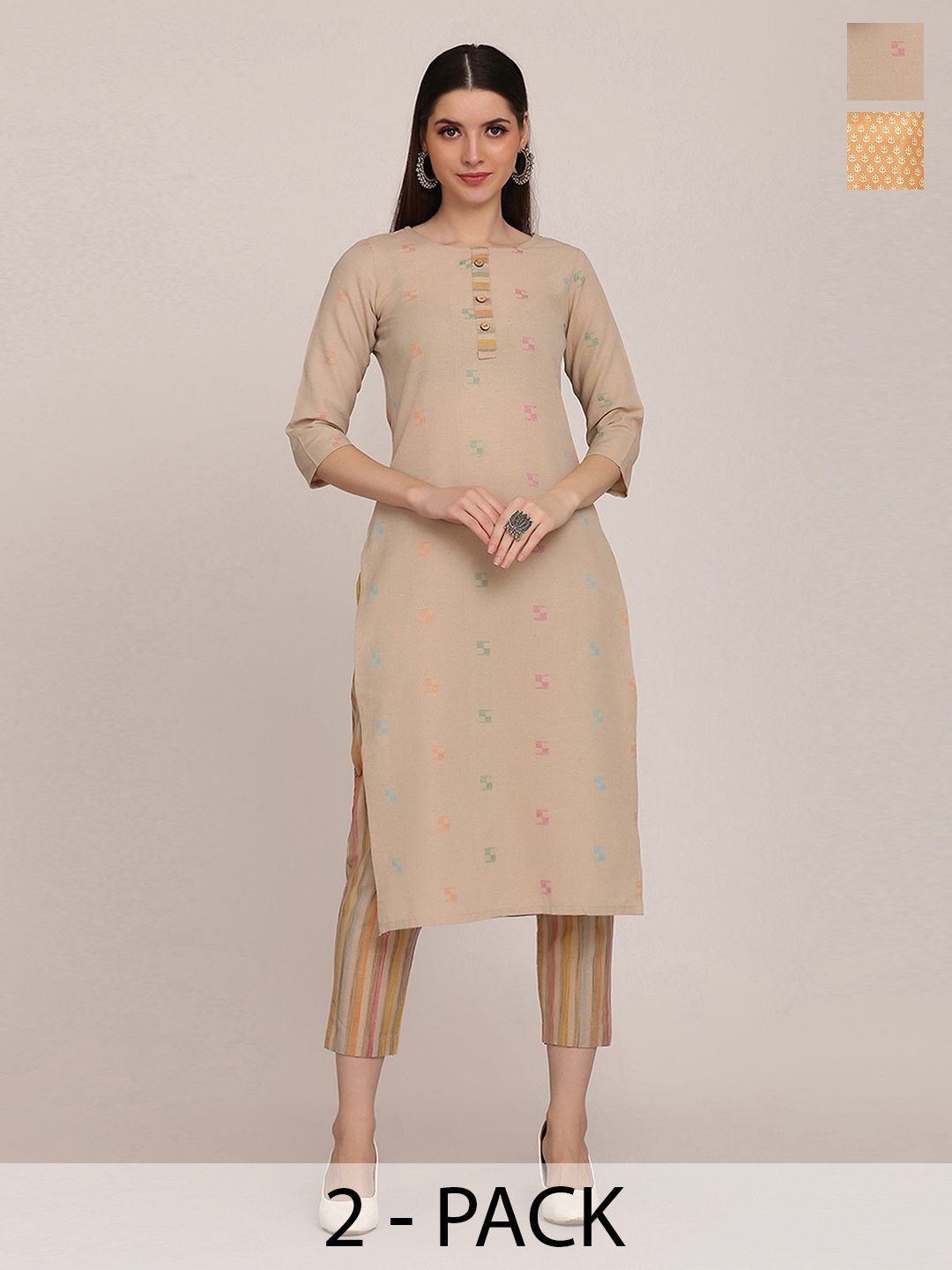 

KALINI Selection Of 2 Ethnic Motifs Printed Straight Kurtas With Trousers, Beige