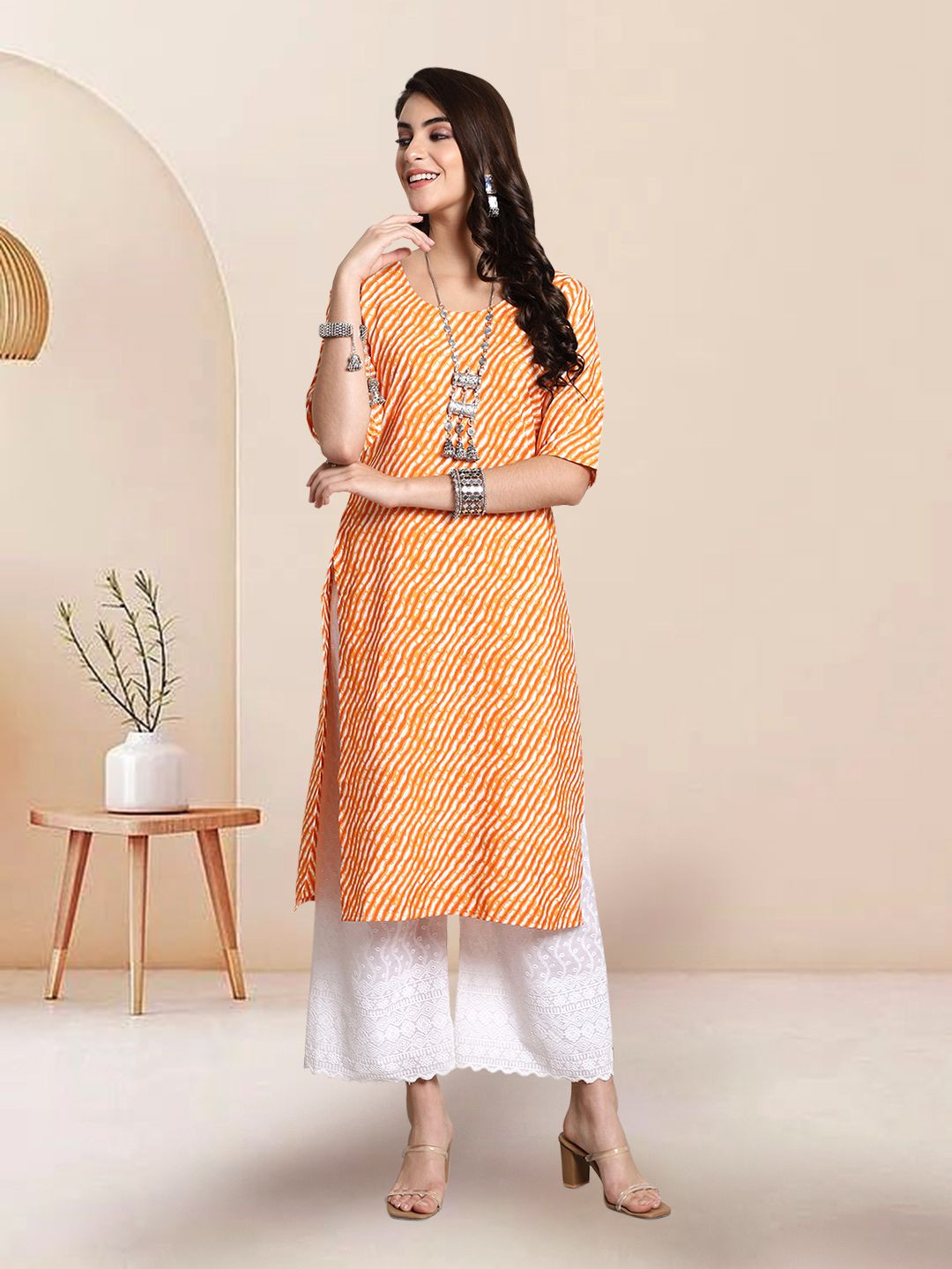 

7Threads Selection of 3 Leheriya Printed Round Neck Straight Kurtas, Orange