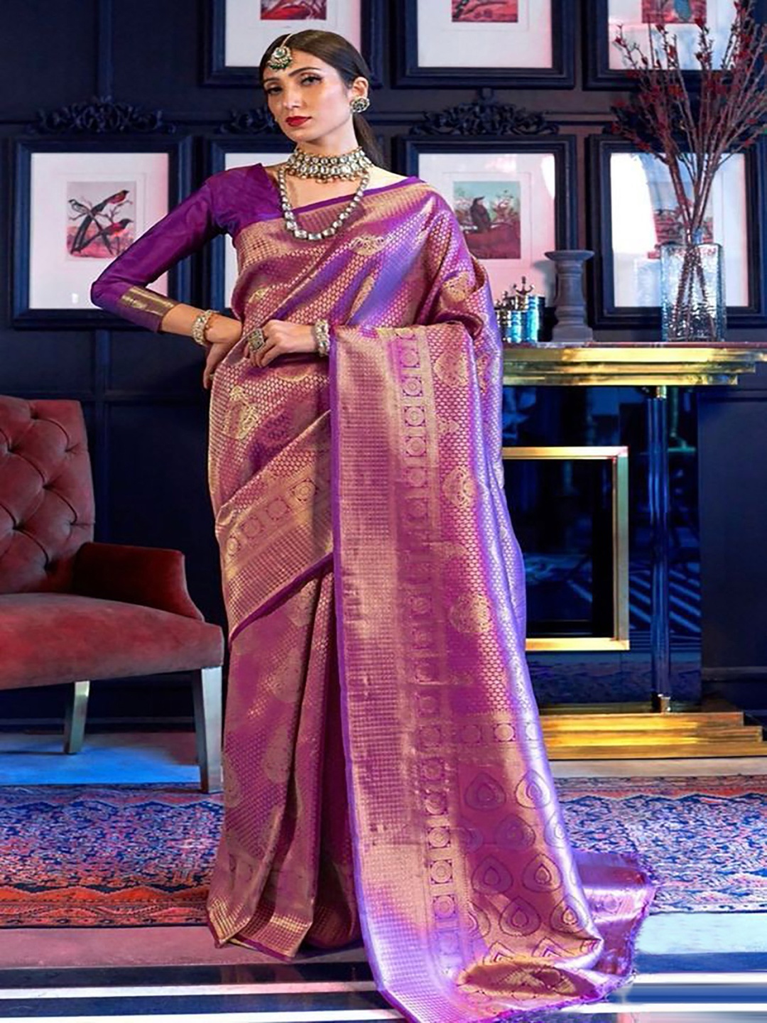 

KALINI Woven Design Zari Silk Blend Banarasi Saree, Purple