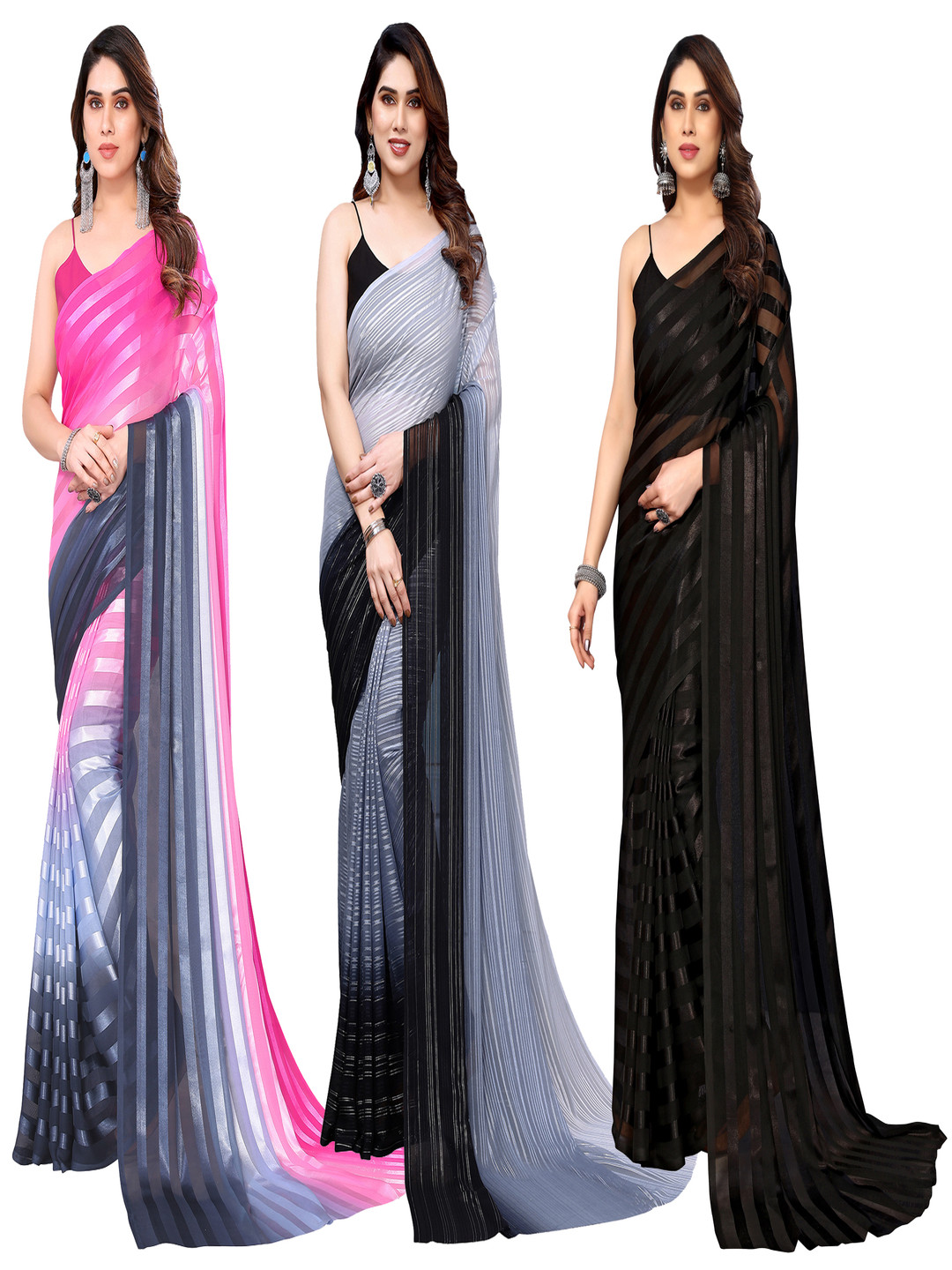 

ANAND SAREES Striped Satin Saree, Pink