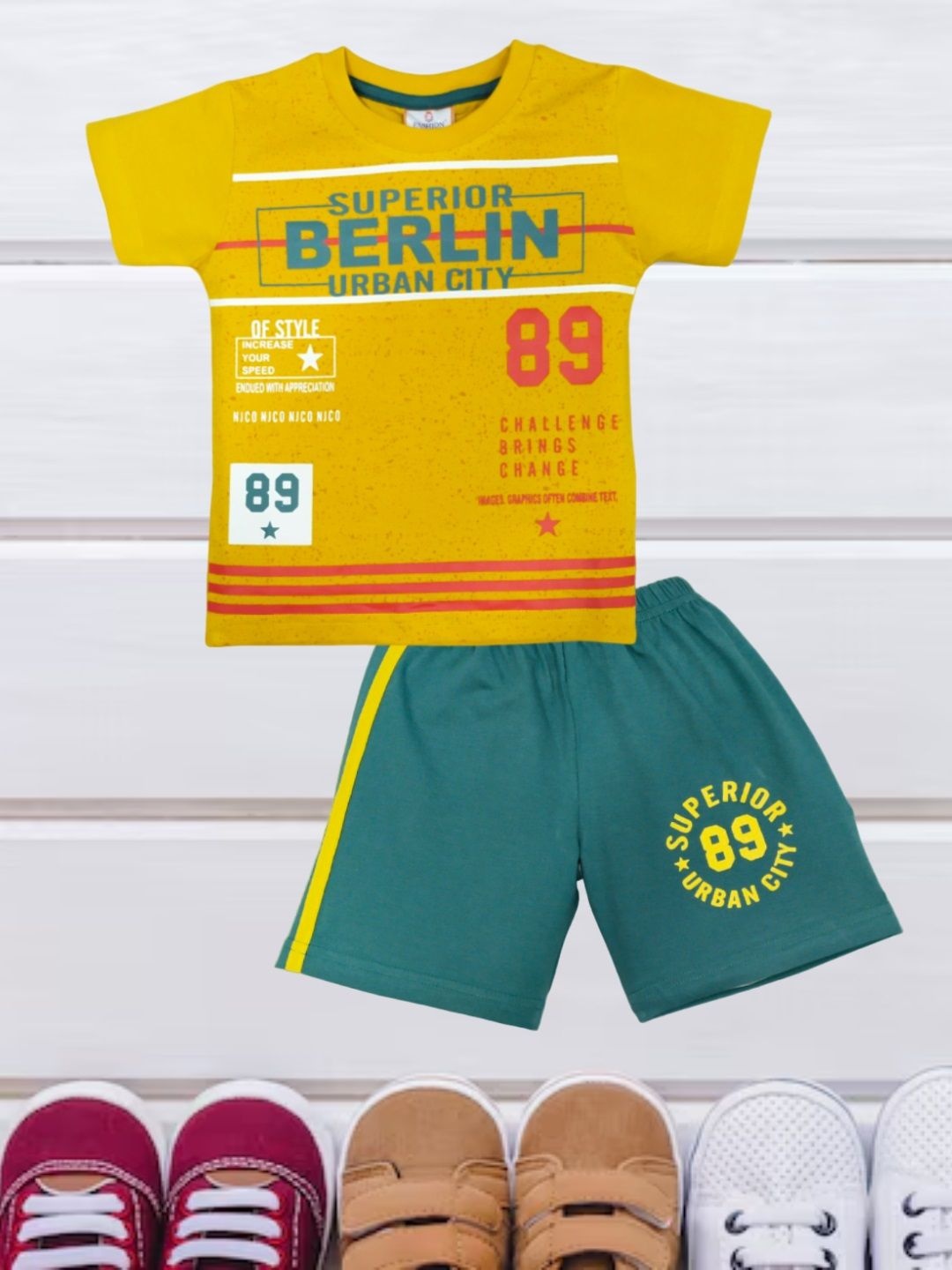 

FASHION GRAB Kids Printed Pure Cotton T-Shirt With Shorts, Mustard